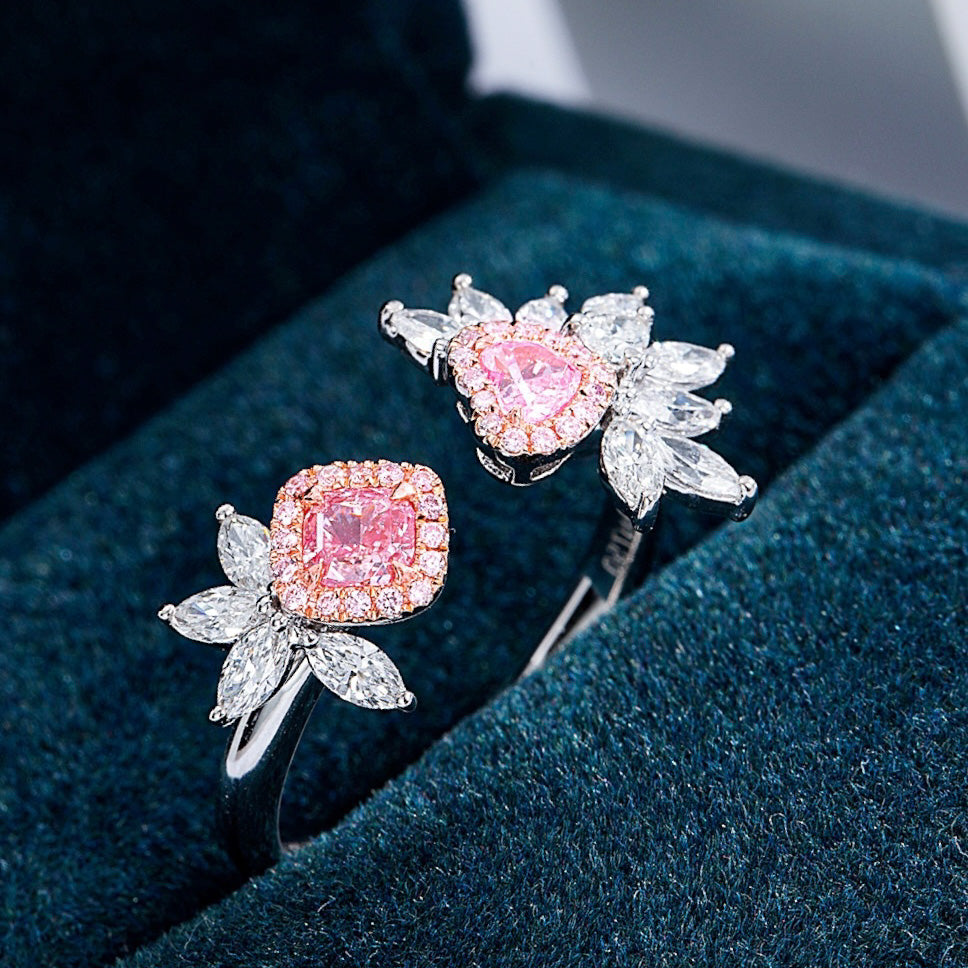 Open Floral Pink Diamond Ring with Marquise and Round Diamond Accents -Perspective Close-up