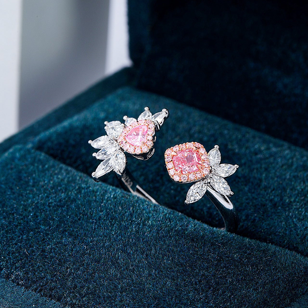 Open Floral Pink Diamond Ring with Marquise and Round Diamond Accents -In-Box Display