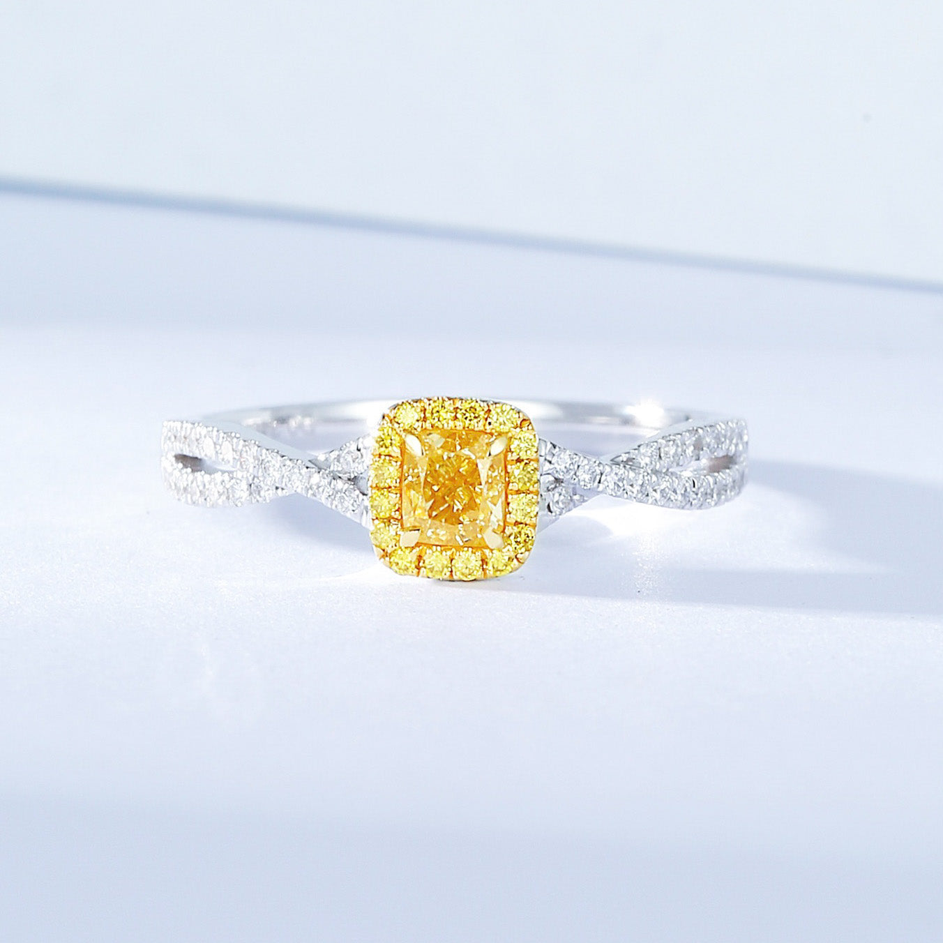 Elegant Cushion Cut Yellow Diamond Ring with Twisted Band Design -Front View