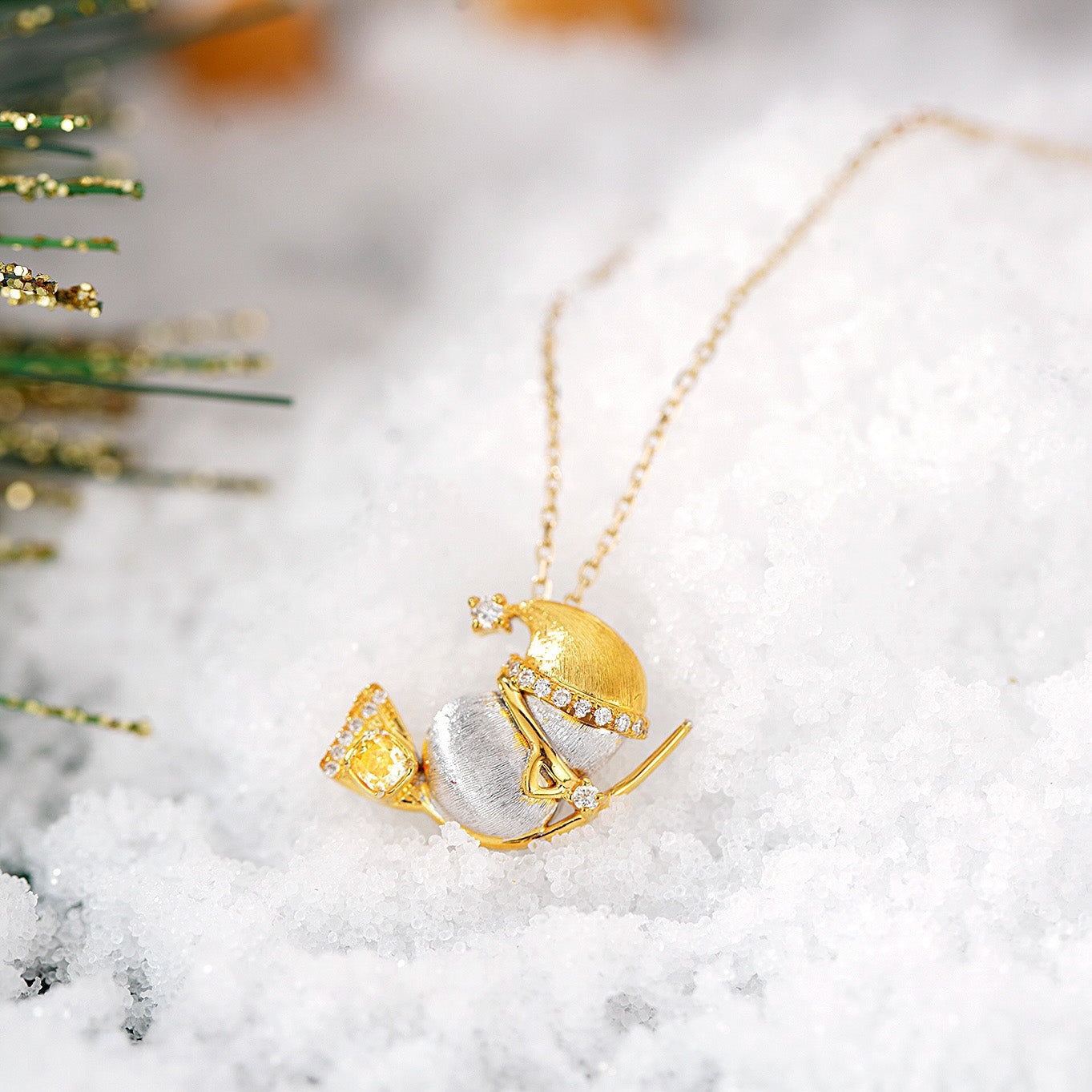 Christmas Magic Snowman Pendant in 18K Gold -Side Angle