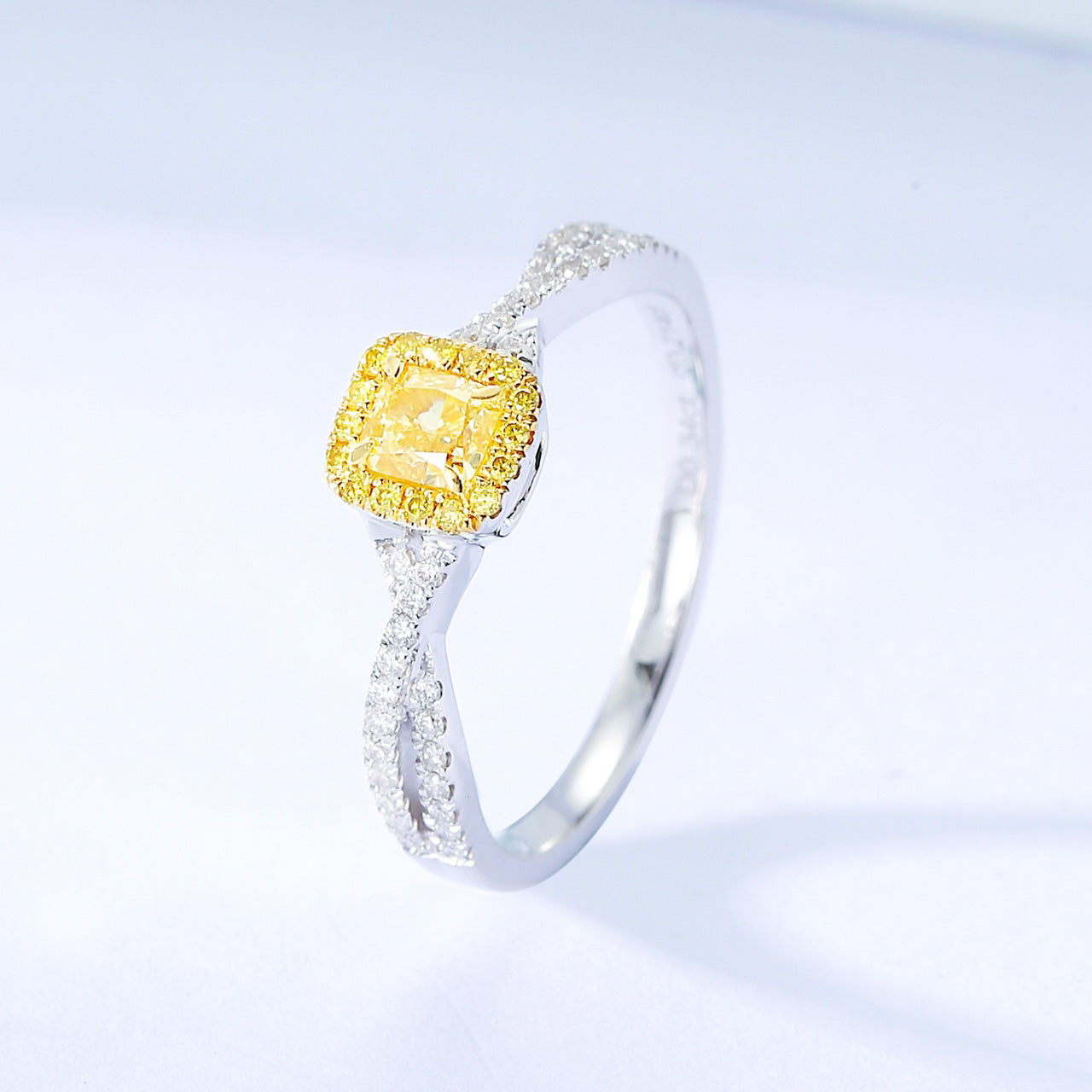 Elegant Cushion Cut Yellow Diamond Ring with Twisted Band Design -Side Angle