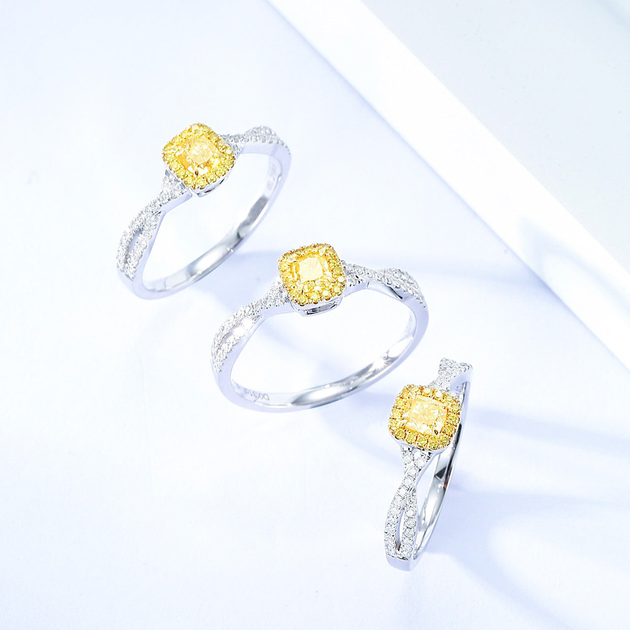 Elegant Cushion Cut Yellow Diamond Ring with Twisted Band Design -Top View