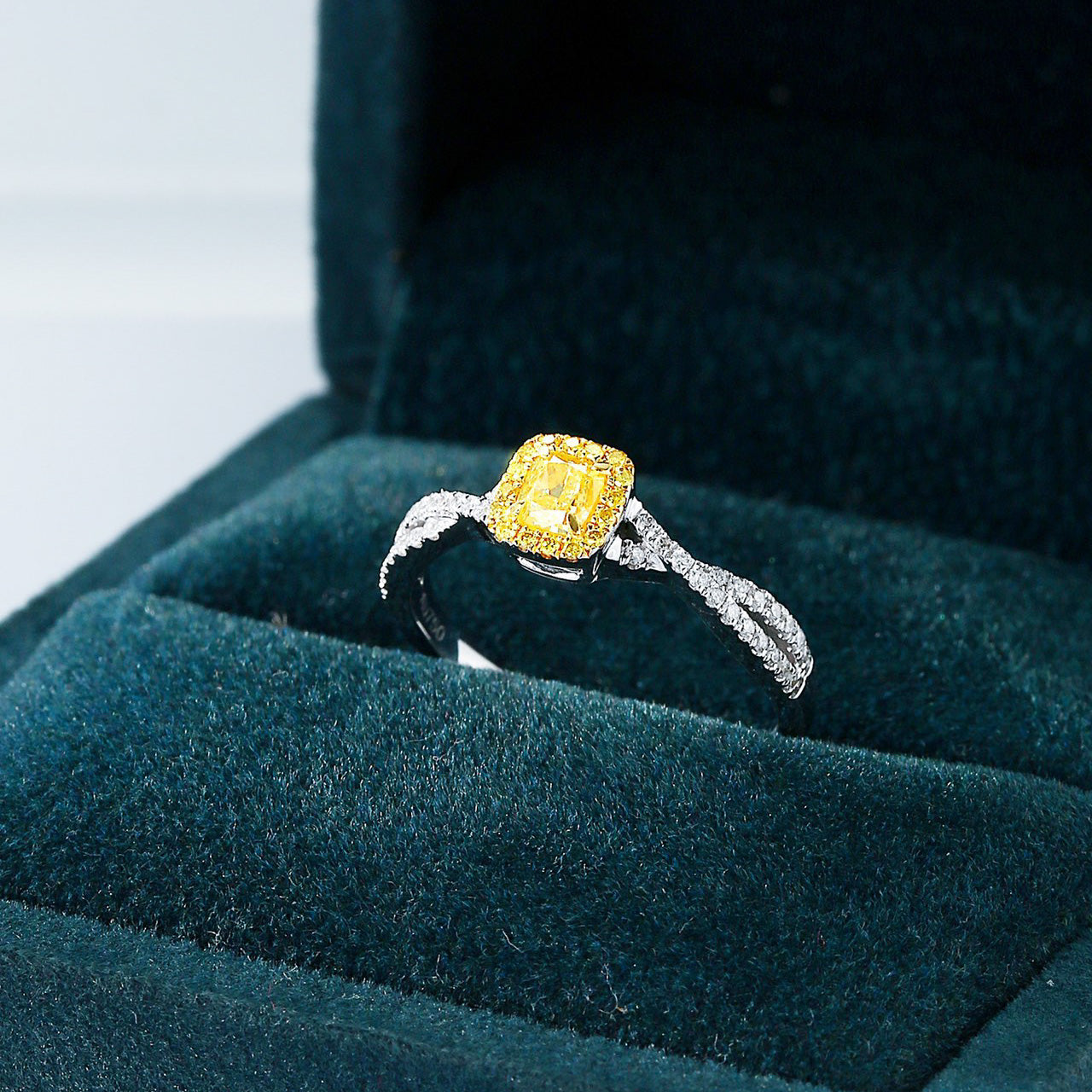 Elegant Cushion Cut Yellow Diamond Ring with Twisted Band Design -In-Box Display