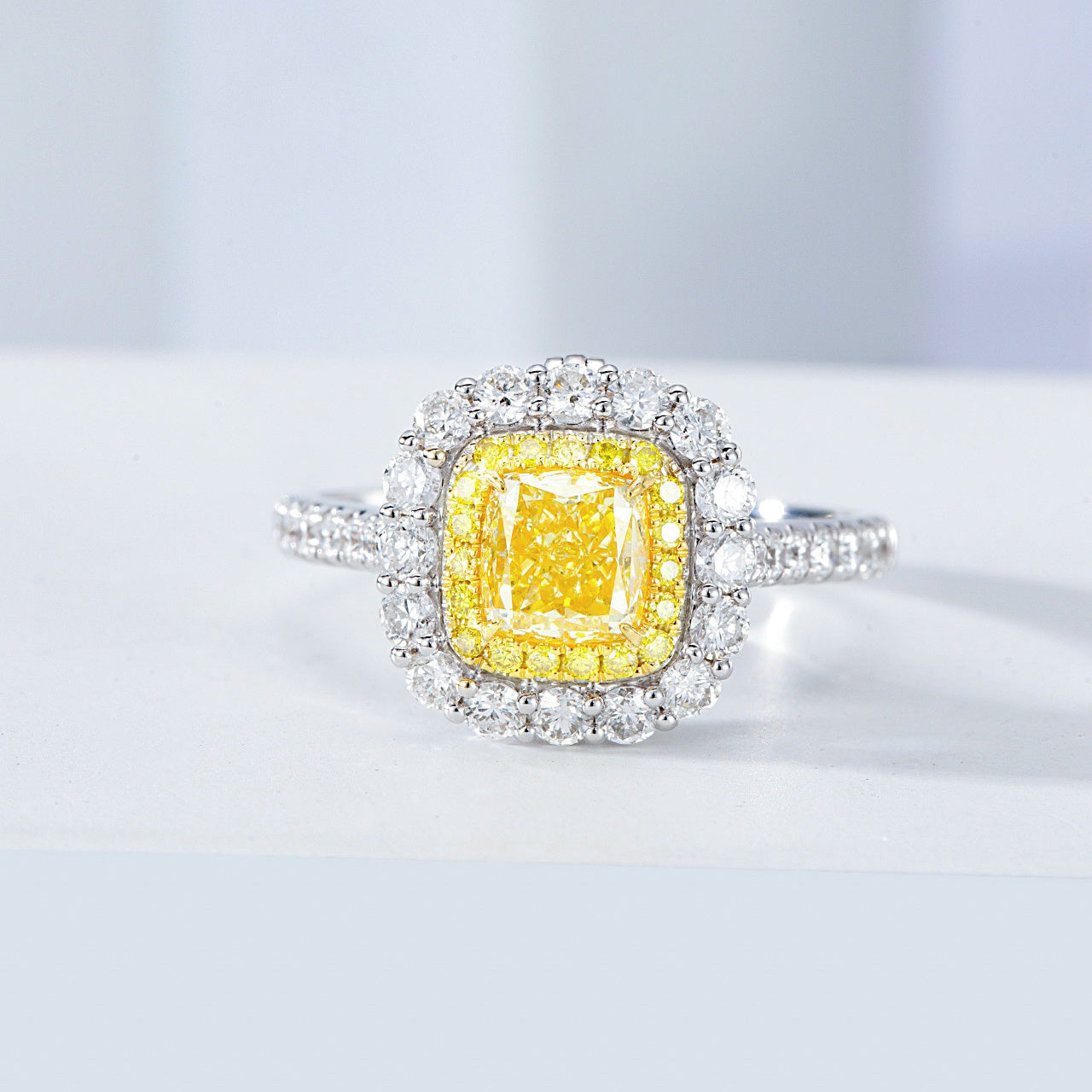 Cushion Cut Yellow Diamond Double Halo Engagement Ring with Pavé Band -Front View