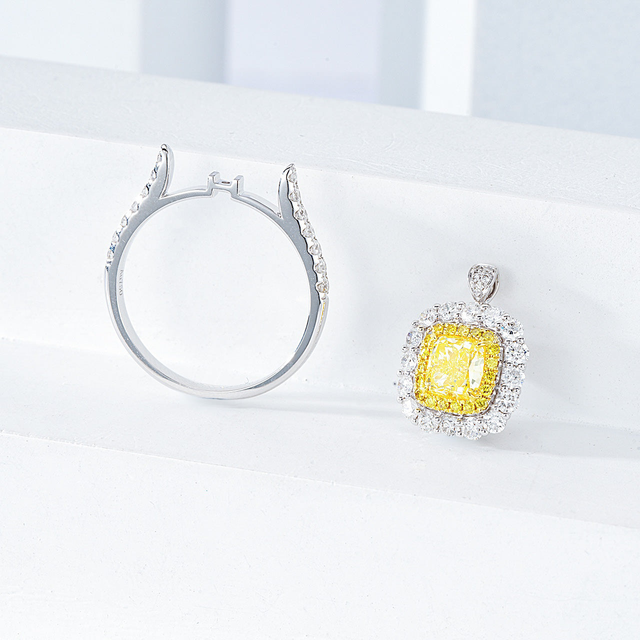 Cushion Cut Yellow Diamond Double Halo Engagement Ring with Pavé Band -Top View