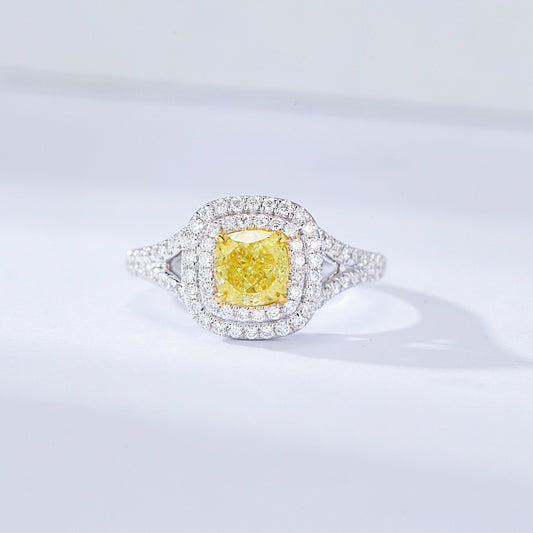 Cushion Cut Yellow Diamond Double Halo Engagement Ring with Split Shank