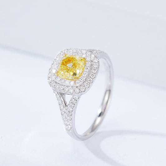 Cushion Cut Yellow Diamond Double Halo Engagement Ring with Split Shank