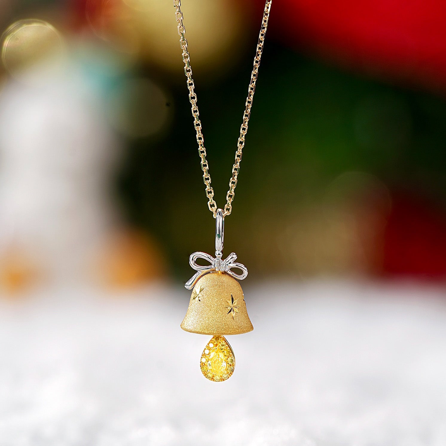 Yellow Diamond Christmas 3D Bell Pendant in 18K Yellow Gold -Front View