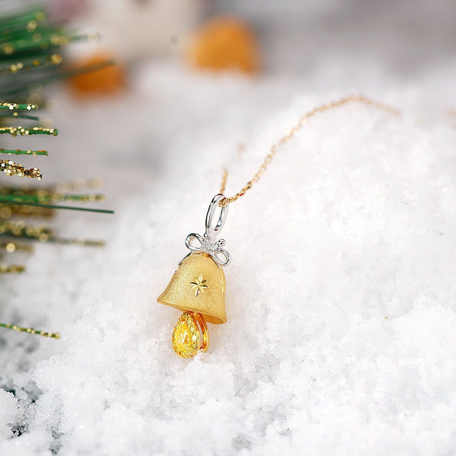 Yellow Diamond Christmas 3D Bell Pendant in 18K Yellow Gold -Side Angle