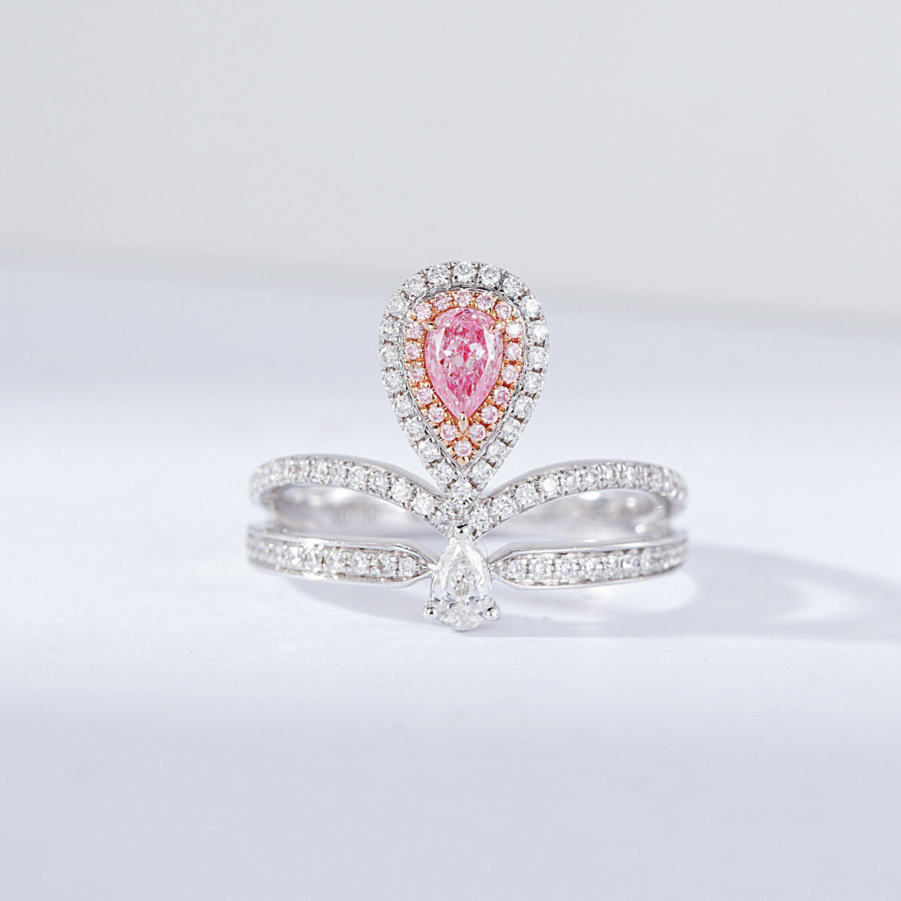 Pear-Shaped Pink Diamond Crown Design Ring with Double Halo -Front View