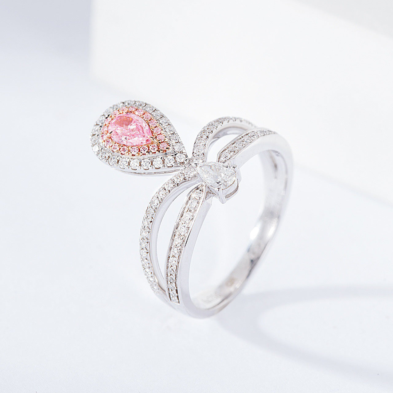 Pear-Shaped Pink Diamond Crown Design Ring with Double Halo -Side Angle