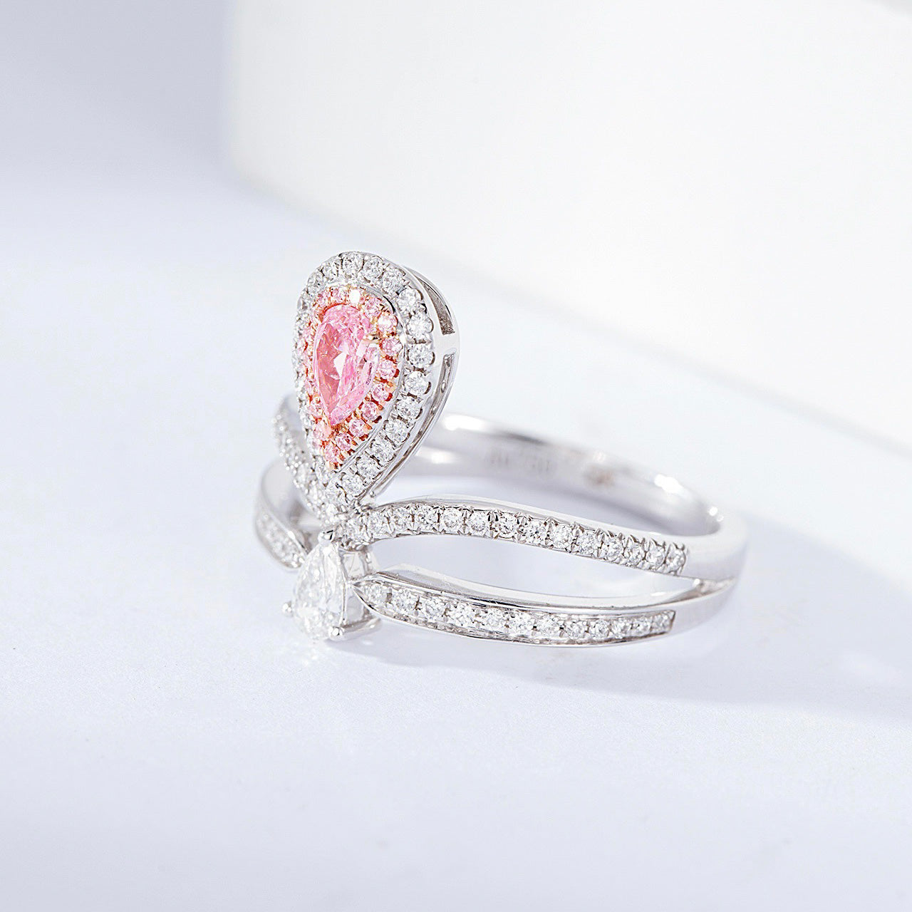 Pear-Shaped Pink Diamond Crown Design Ring with Double Halo -Top View