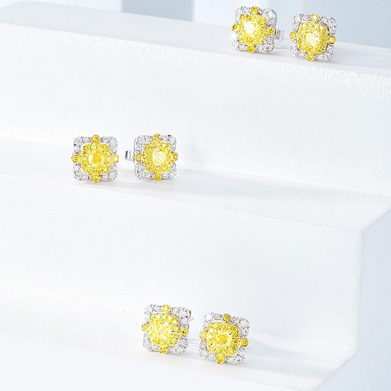 Cushion Cut Yellow Diamond Stud Earrings in 18K White Diamond -Top View