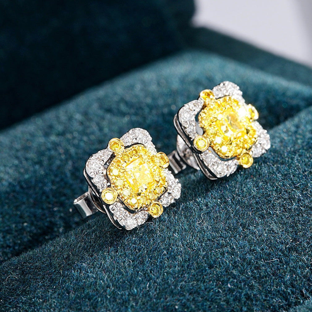 Cushion Cut Yellow Diamond Stud Earrings in 18K White Diamond -Perspective Close-up