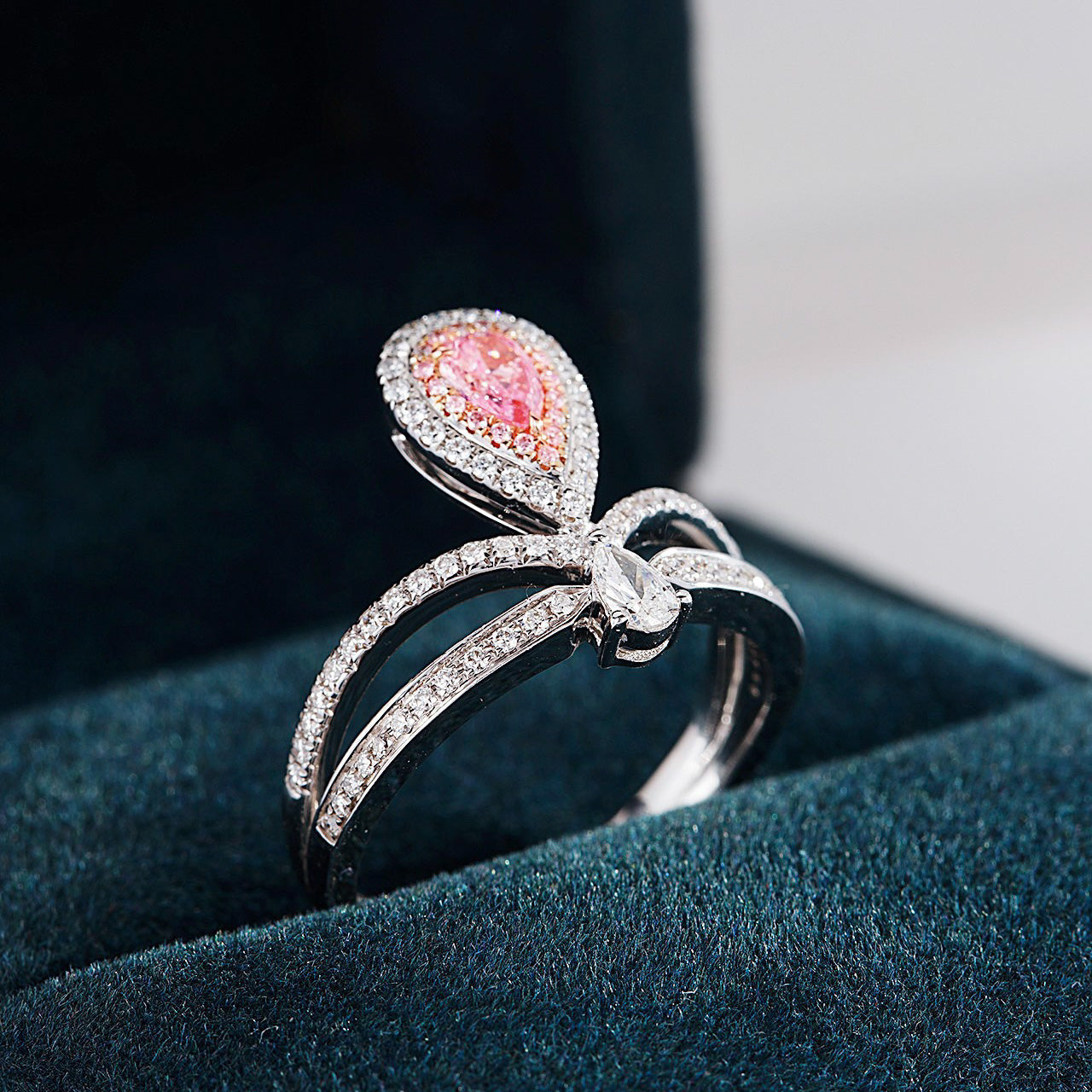 Pear-Shaped Pink Diamond Crown Design Ring with Double Halo -Perspective Close-up