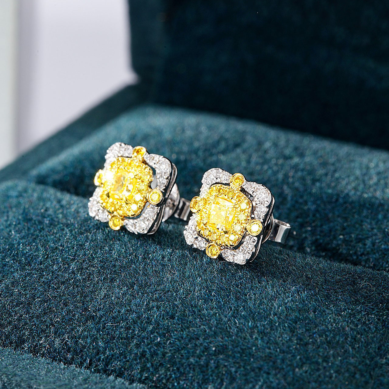 Cushion Cut Yellow Diamond Stud Earrings in 18K White Diamond -In-Box Display