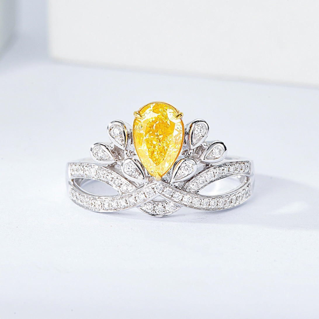 Pear Shaped Yellow Diamond Crown Ring with Channel Setting in 18K White Gold -Front View