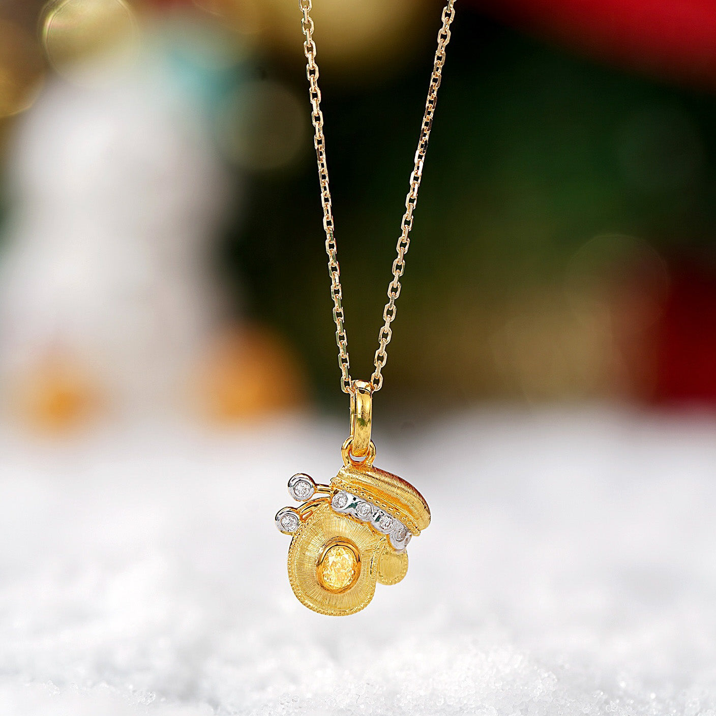 Yellow Diamond Christmas Mittens Pendant in 18K Gold -Front View