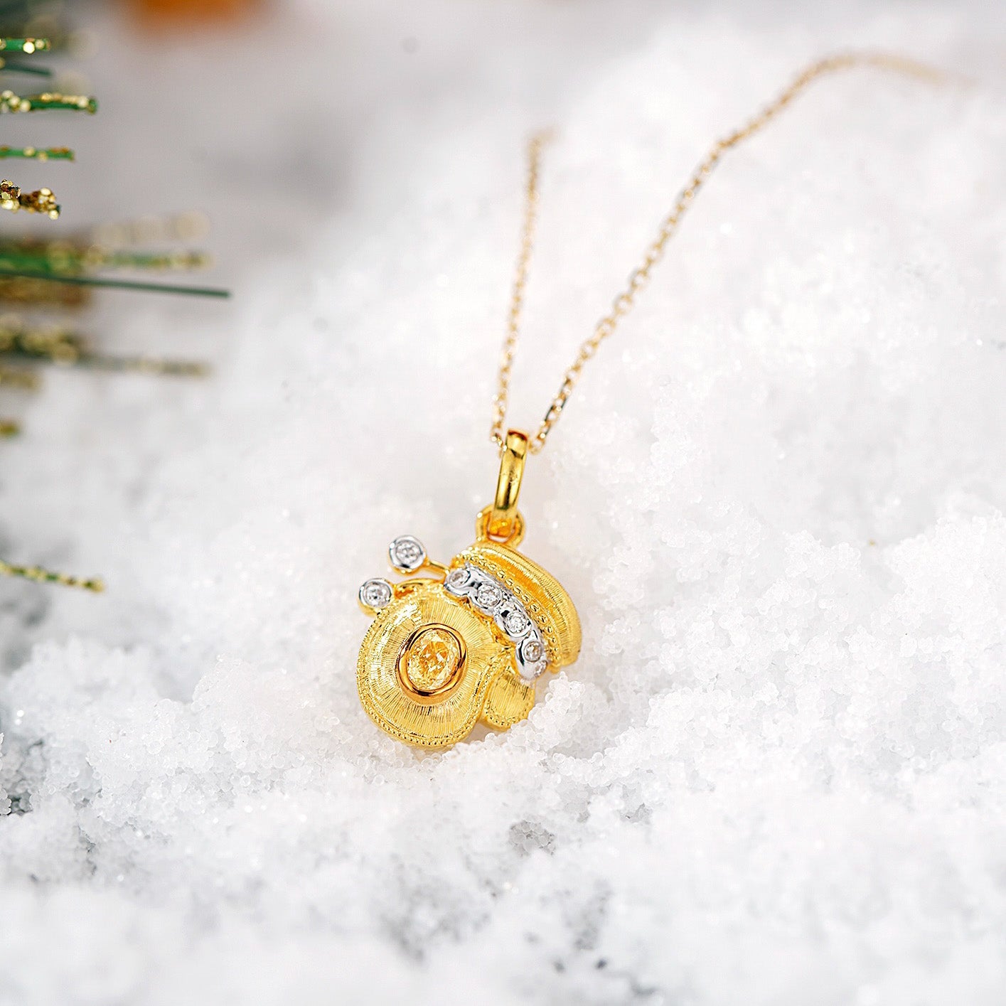 Yellow Diamond Christmas Mittens Pendant in 18K Gold -Side Angle