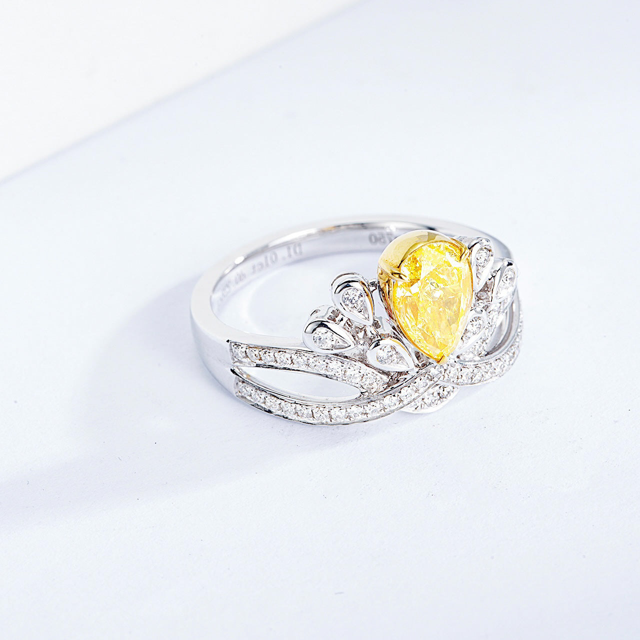 Pear Shaped Yellow Diamond Crown Ring with Channel Setting in 18K White Gold -Top View