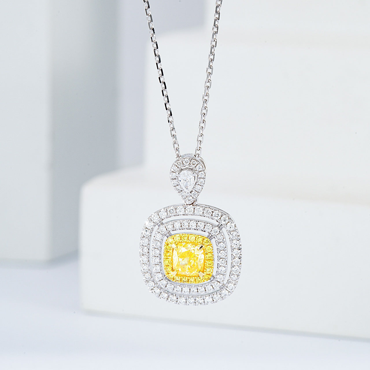 Cushion Cut Yellow Diamond Double Halo Pendant in 18K White Gold -Front View