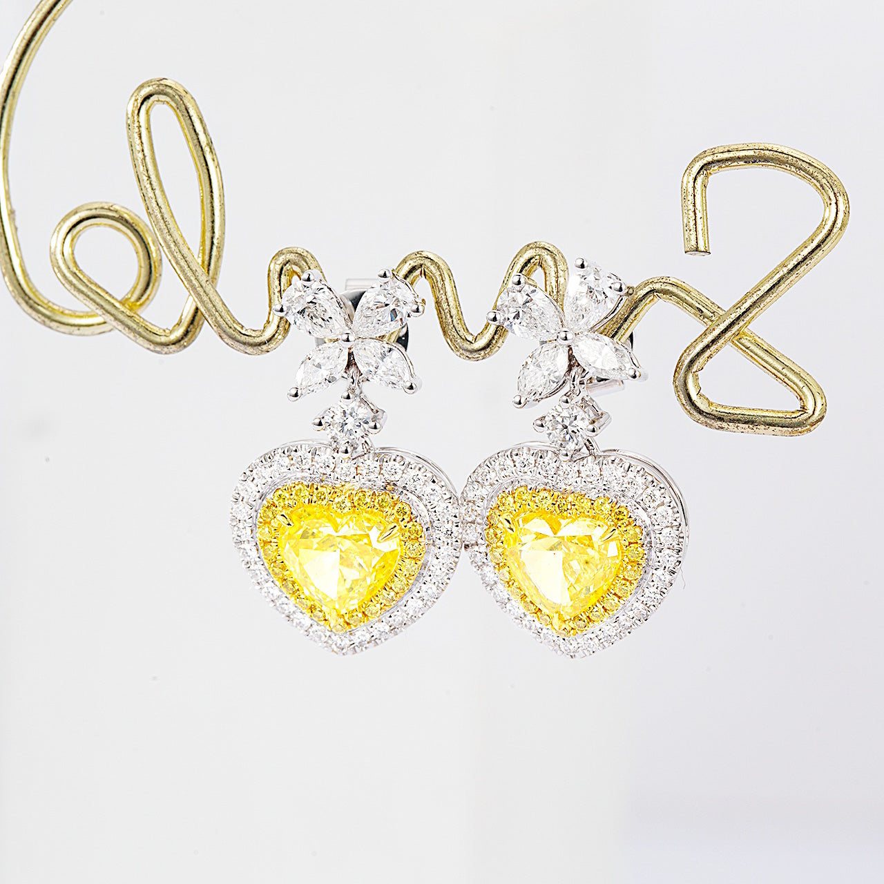 Heart Shaped Yellow Dimond Drop Earrings in Whie Gold -Front View