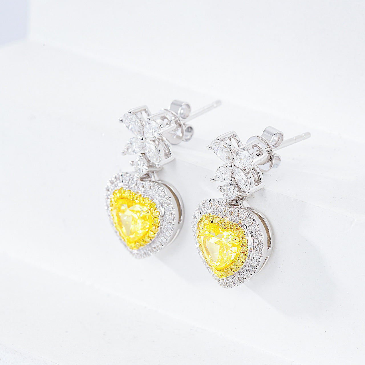 Heart Shaped Yellow Dimond Drop Earrings in Whie Gold -Side Angle