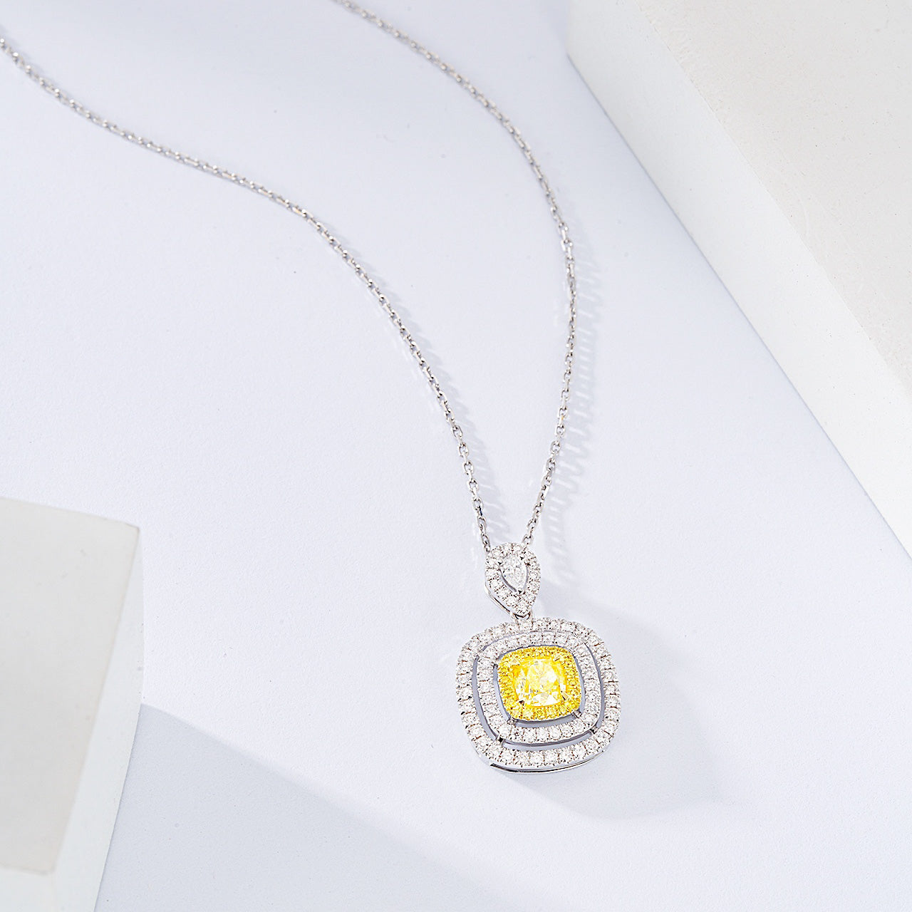 Cushion Cut Yellow Diamond Double Halo Pendant in 18K White Gold -Side Angle