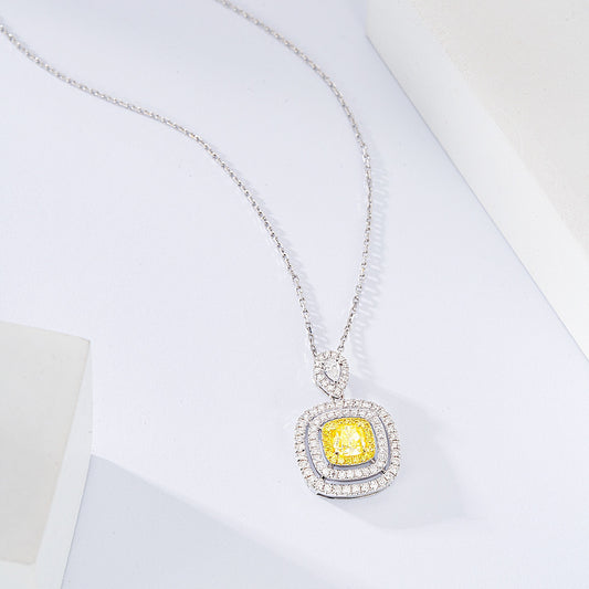 Cushion Cut Yellow Diamond Double Halo Pendant in 18K White Gold