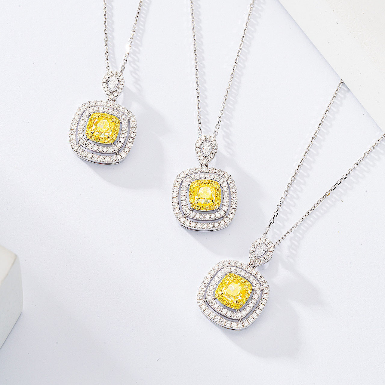 Cushion Cut Yellow Diamond Double Halo Pendant in 18K White Gold -Top View