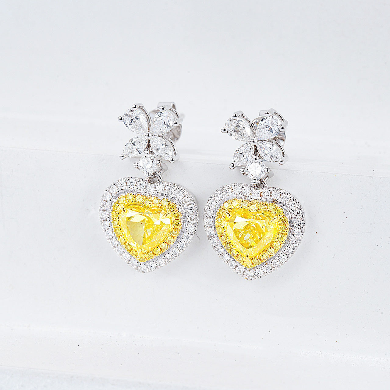 Heart Shaped Yellow Dimond Drop Earrings in Whie Gold -