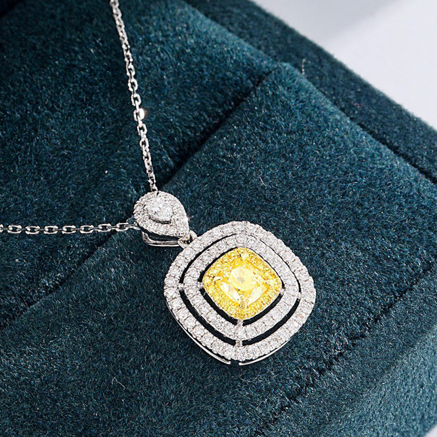 Cushion Cut Yellow Diamond Double Halo Pendant in 18K White Gold -Perspective Close-up