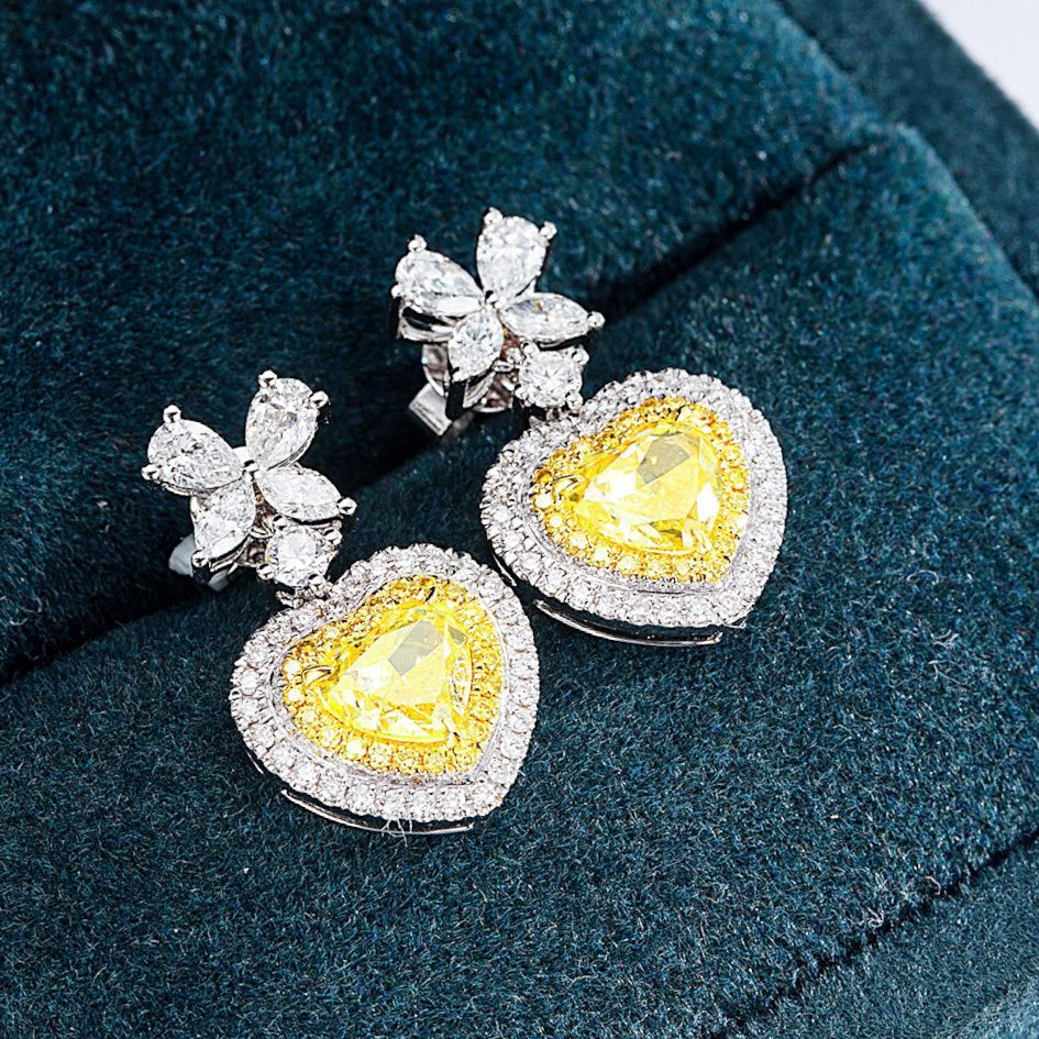 Heart Shaped Yellow Dimond Drop Earrings in Whie Gold -Top View