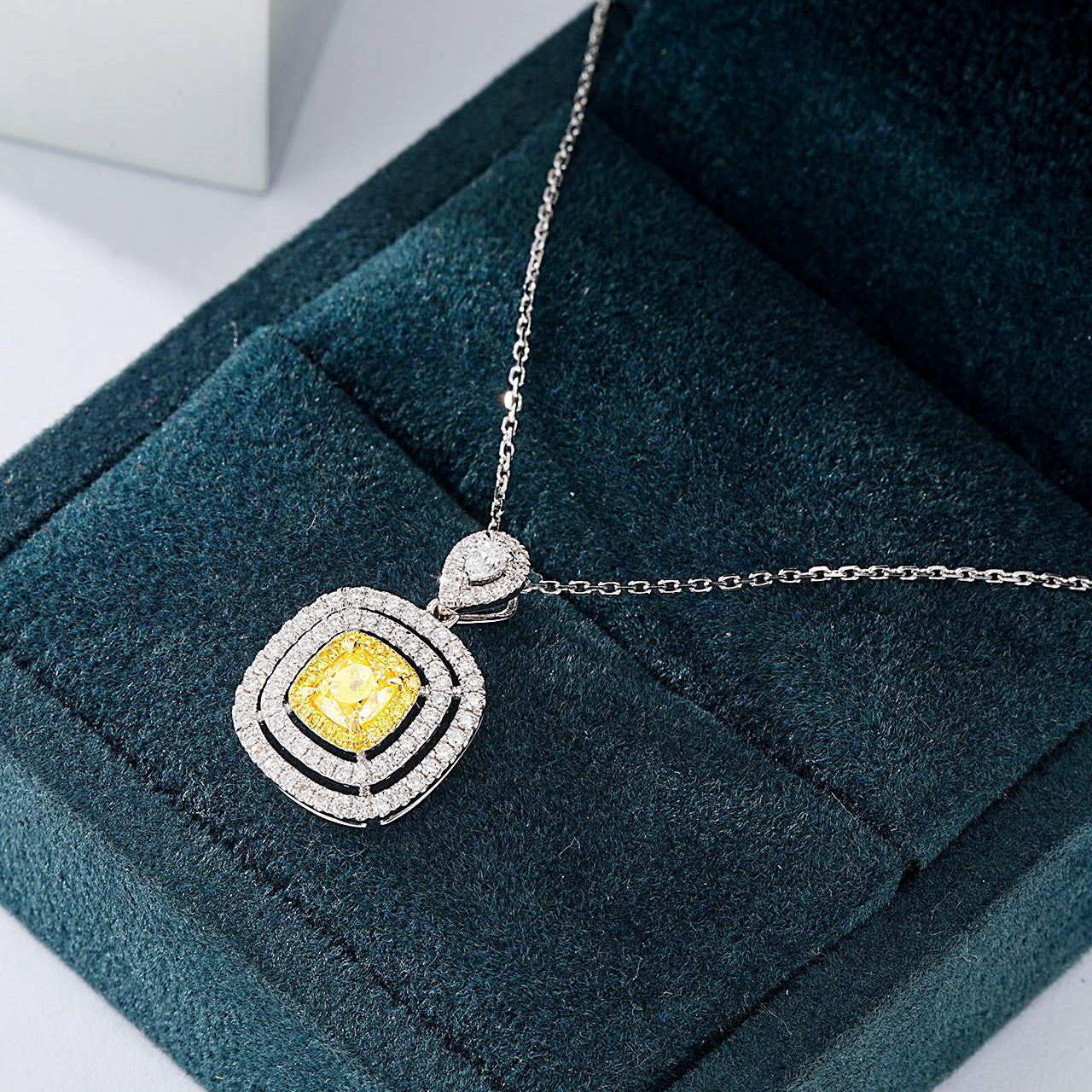 Cushion Cut Yellow Diamond Double Halo Pendant in 18K White Gold -In-Box Display