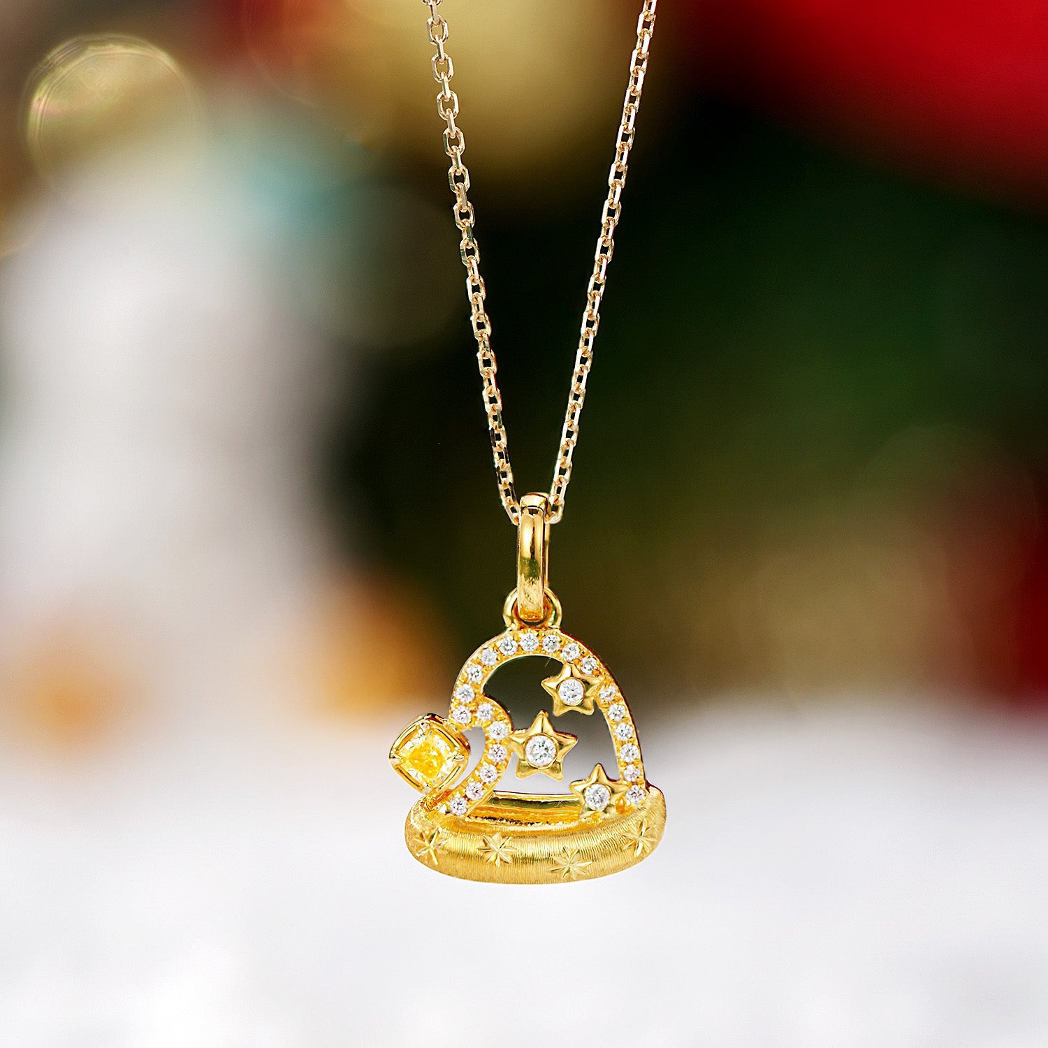 Yellow Diamond Christmas Hat Pendant in 18K Yellow Gold -Front View