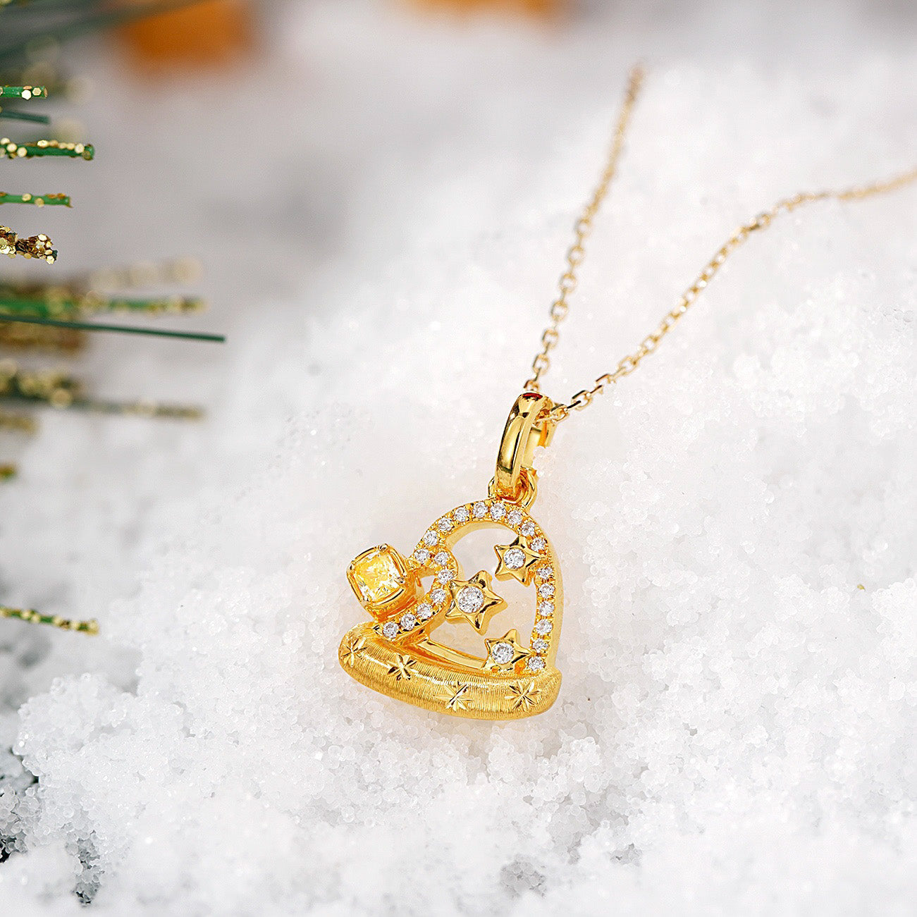 Yellow Diamond Christmas Hat Pendant in 18K Yellow Gold -Side Angle