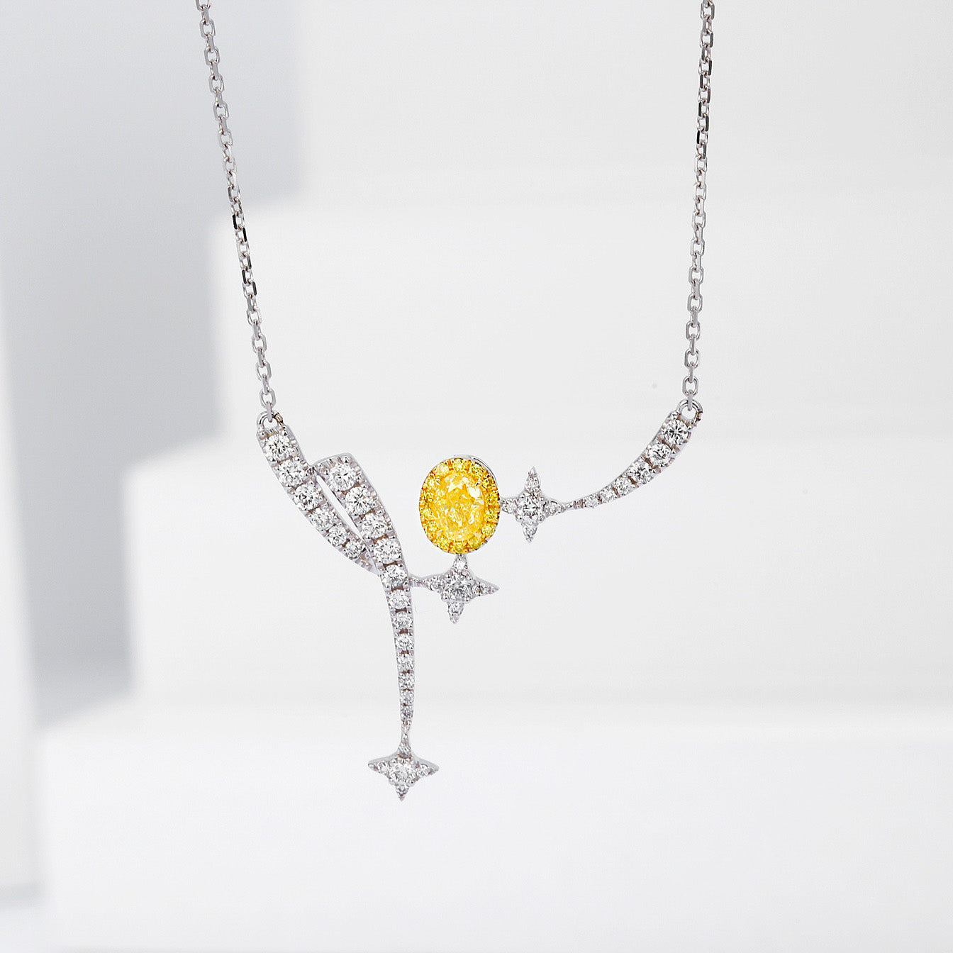 Sun, Moon, and Stars Yellow Diamond Oval Pendant Necklace -Front View