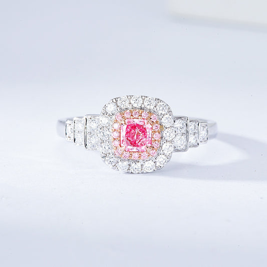 Cushion Cut pink Diamond Halo Engagement Ring In 18K White Gold