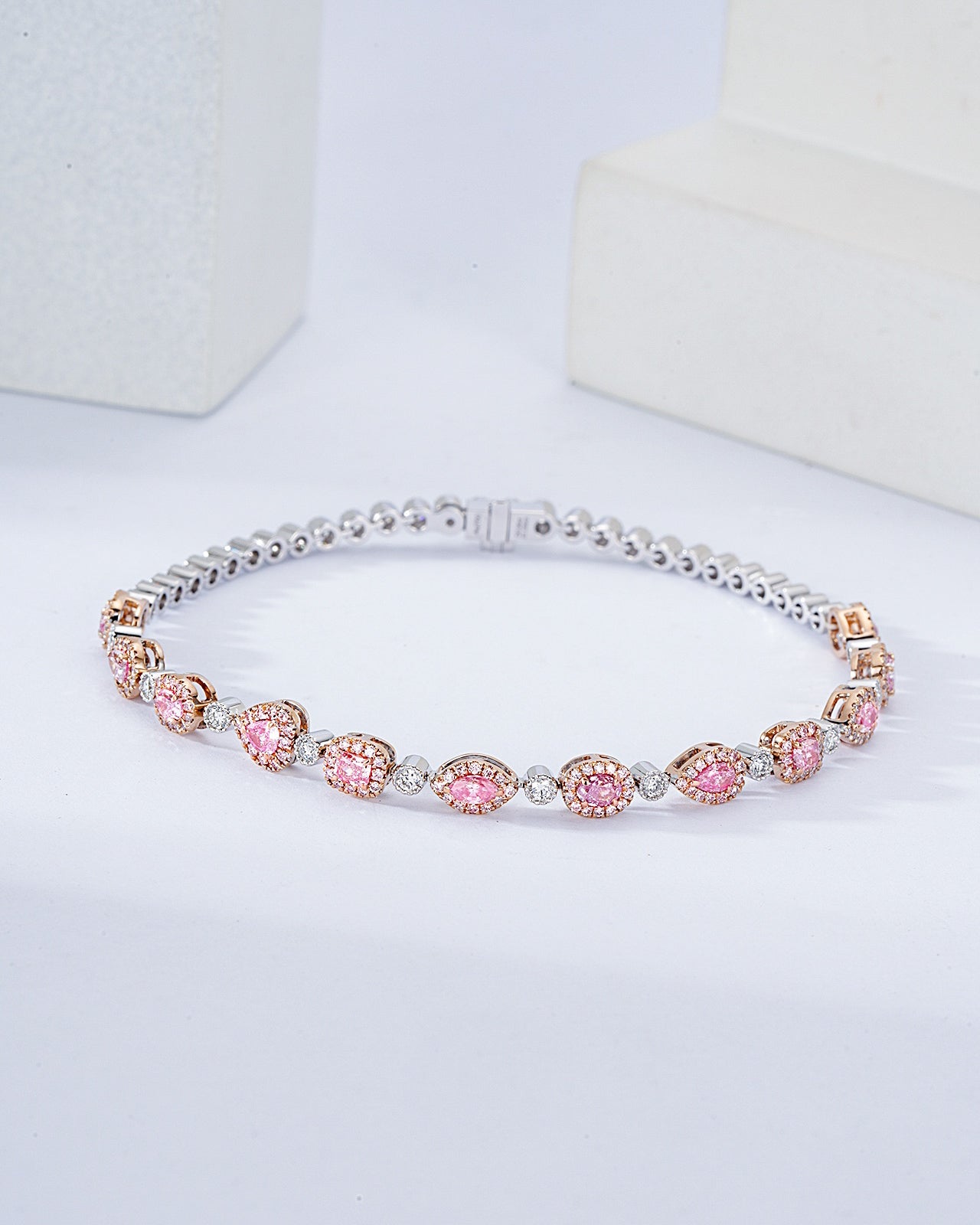 Multi Shape Pink Diamond Station Bracelet in 18K White Gold -Front View