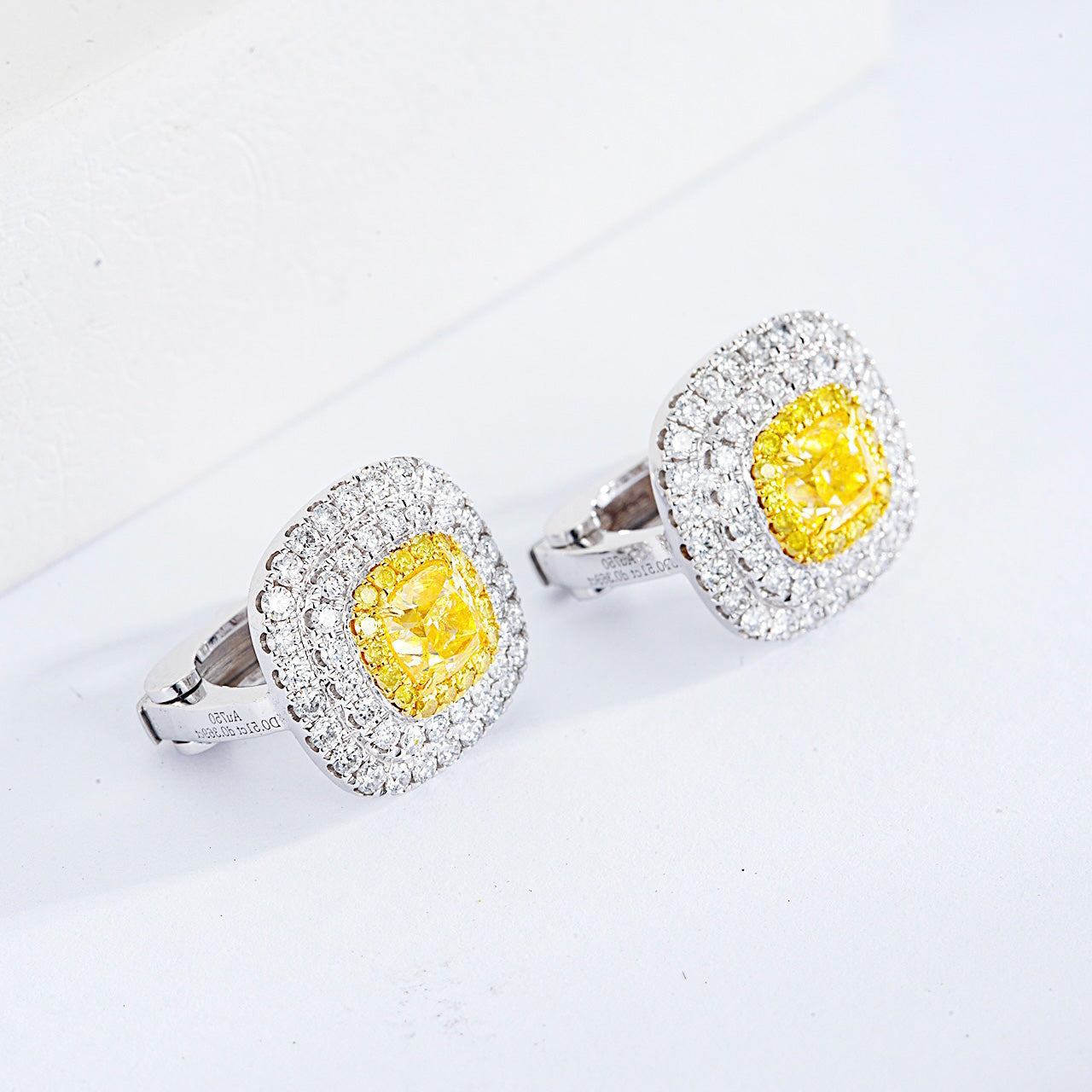 Cushion Cut Yellow Diamond Halo Earrings in White Glod -Side Angle