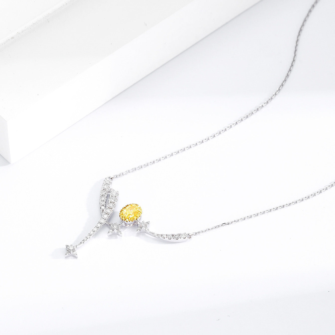 Sun, Moon, and Stars Yellow Diamond Oval Pendant Necklace -Side Angle