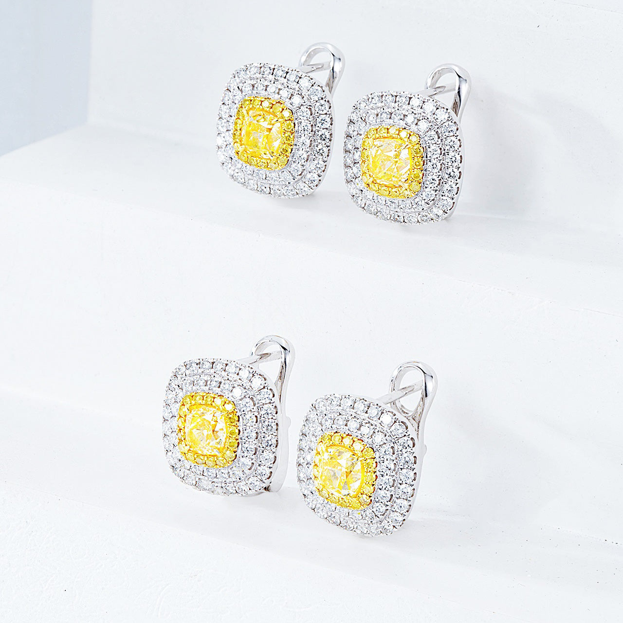 Cushion Cut Yellow Diamond Halo Earrings in White Glod -Top View