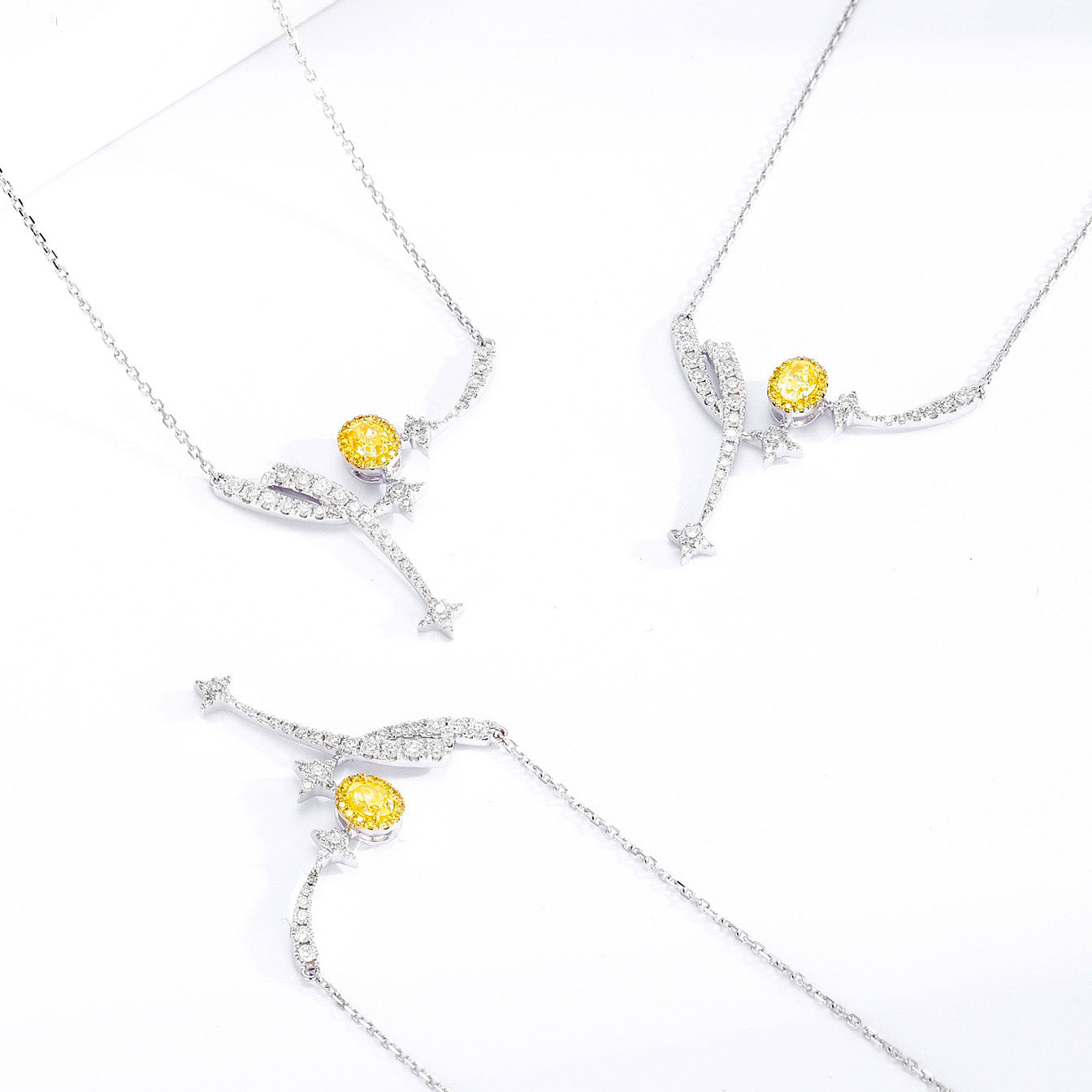 Sun, Moon, and Stars Yellow Diamond Oval Pendant Necklace -Top View