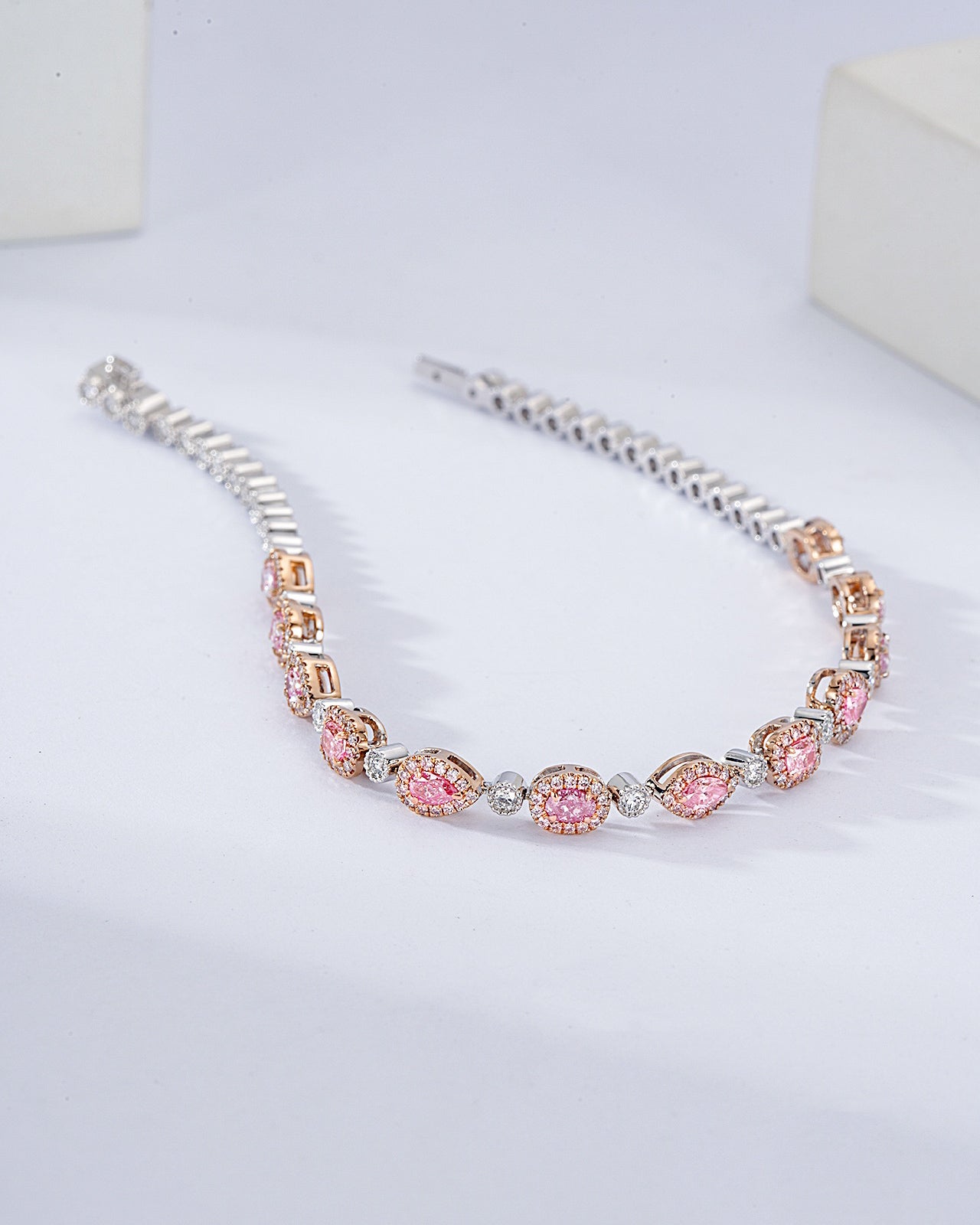 Multi Shape Pink Diamond Station Bracelet in 18K White Gold -Side Angle