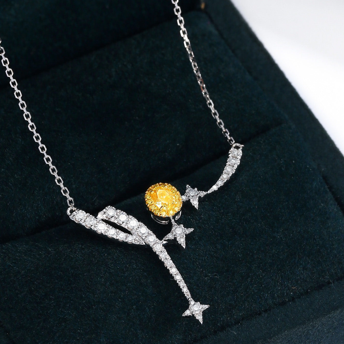 Sun, Moon, and Stars Yellow Diamond Oval Pendant Necklace -Perspective Close-up