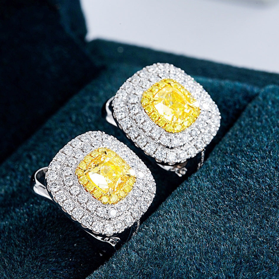 Cushion Cut Yellow Diamond Halo Earrings in White Glod -Perspective Close-up