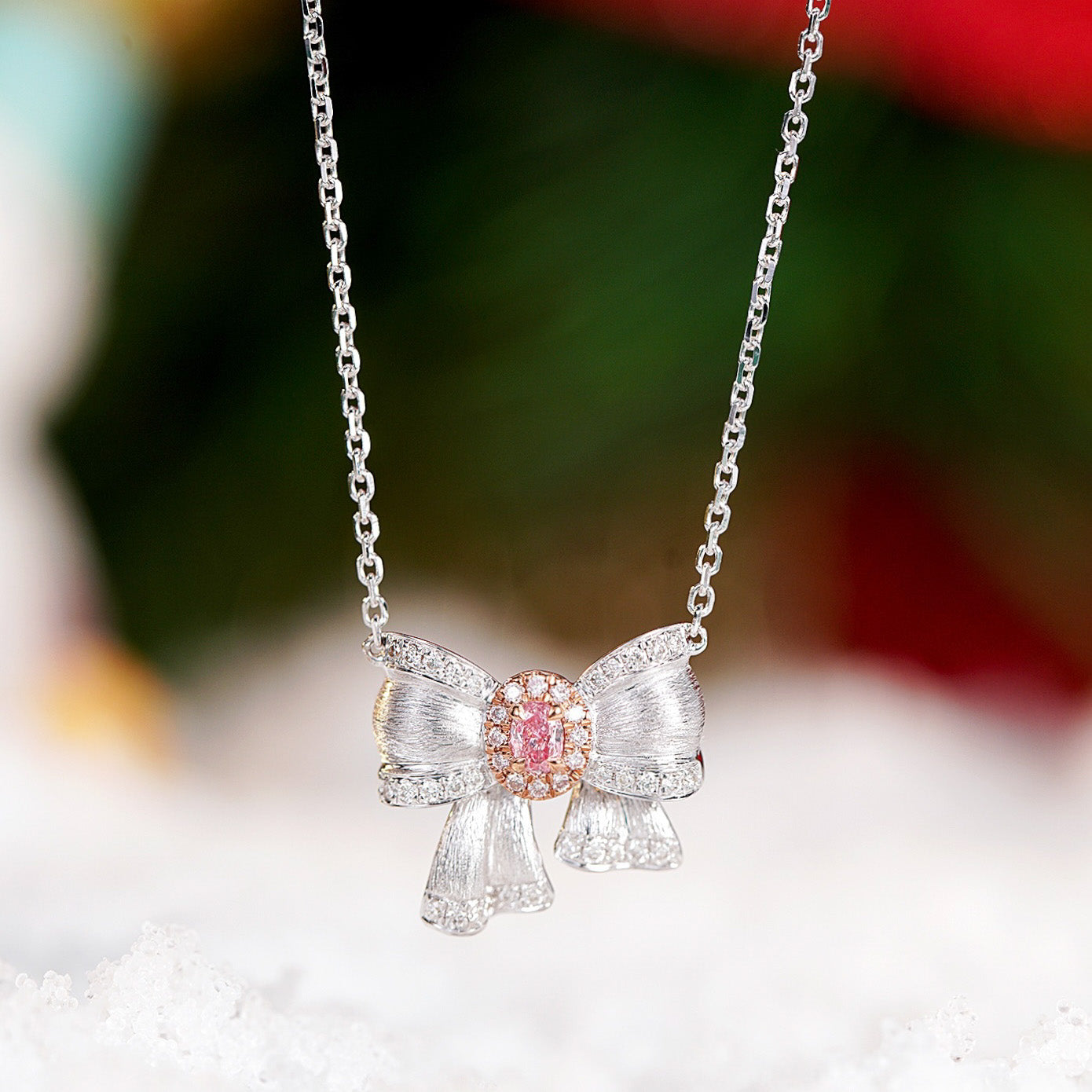 Pink Diamond Christmas Bow Pendant in 18K White Gold -Front View