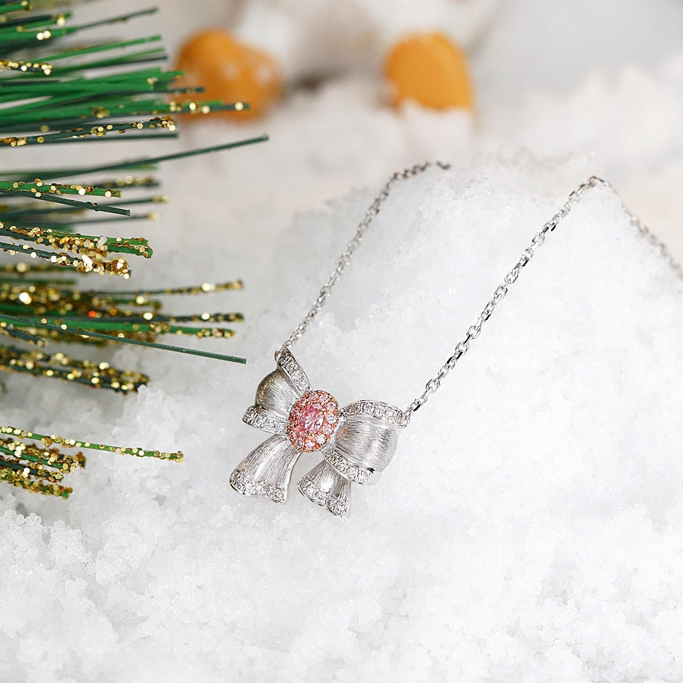 Pink Diamond Christmas Bow Pendant in 18K White Gold -Side Angle