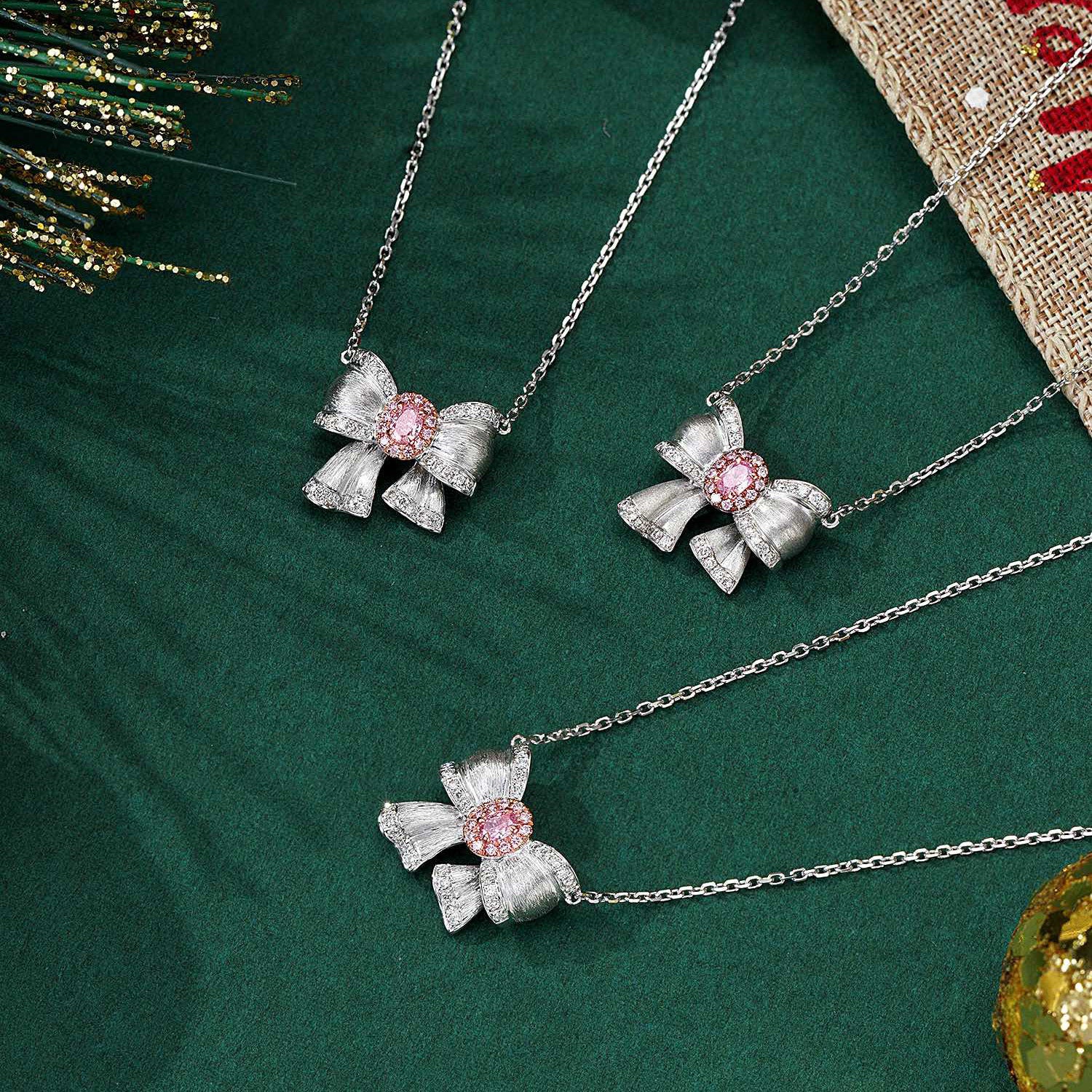 Pink Diamond Christmas Bow Pendant in 18K White Gold -Top View