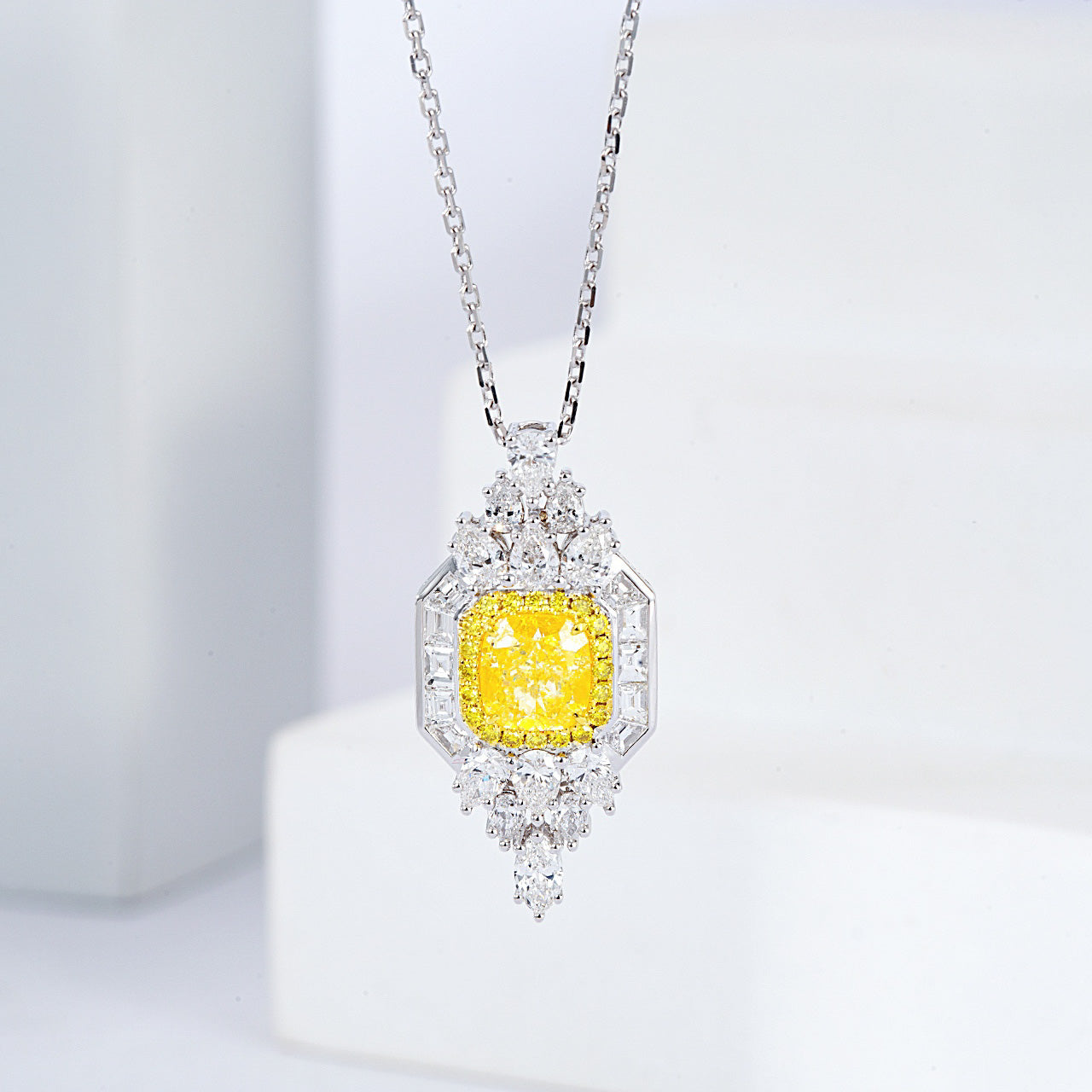 Cushion Cut Yellow Diamond Designer Pendant in 18K White Gold -Front View